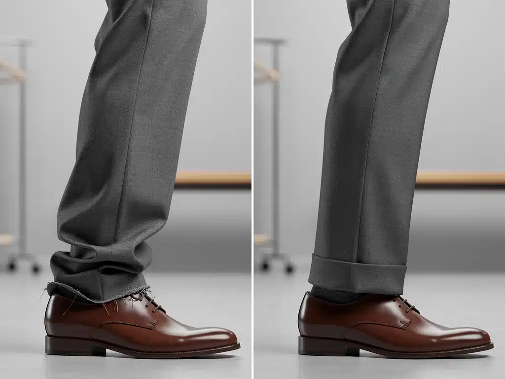 Comparison of ill-fitting versus perfectly hemmed trousers, showcasing a refined look.